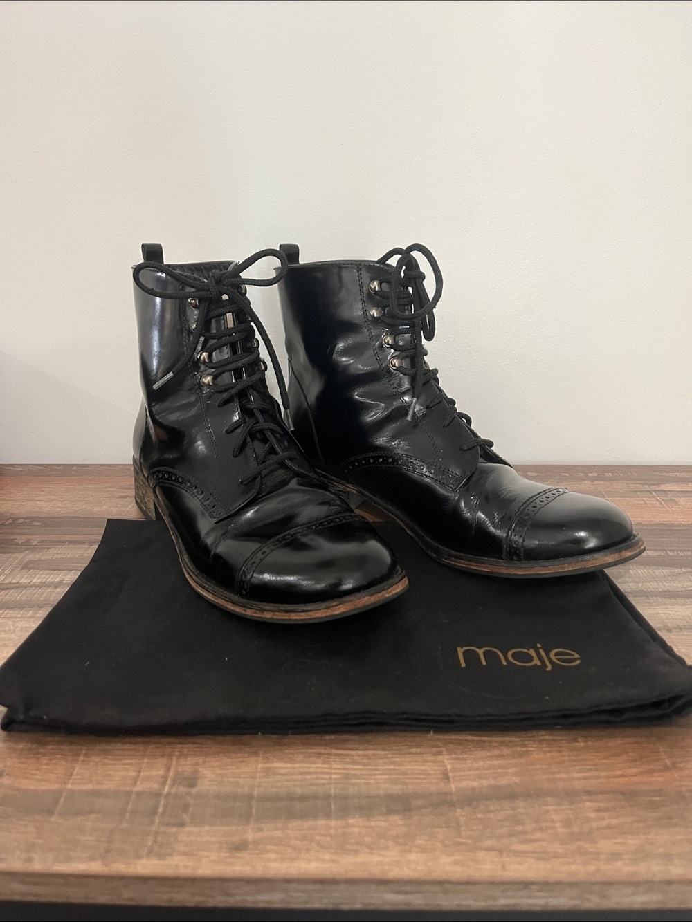Maje Black Leather Lace-Up Cap-Toe Ankle Boots